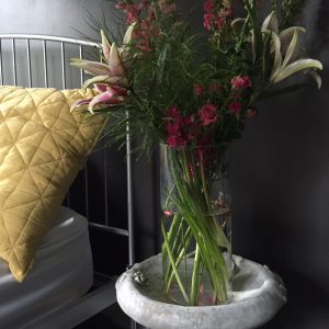 Flowers from Chris and my yellow linen pillow